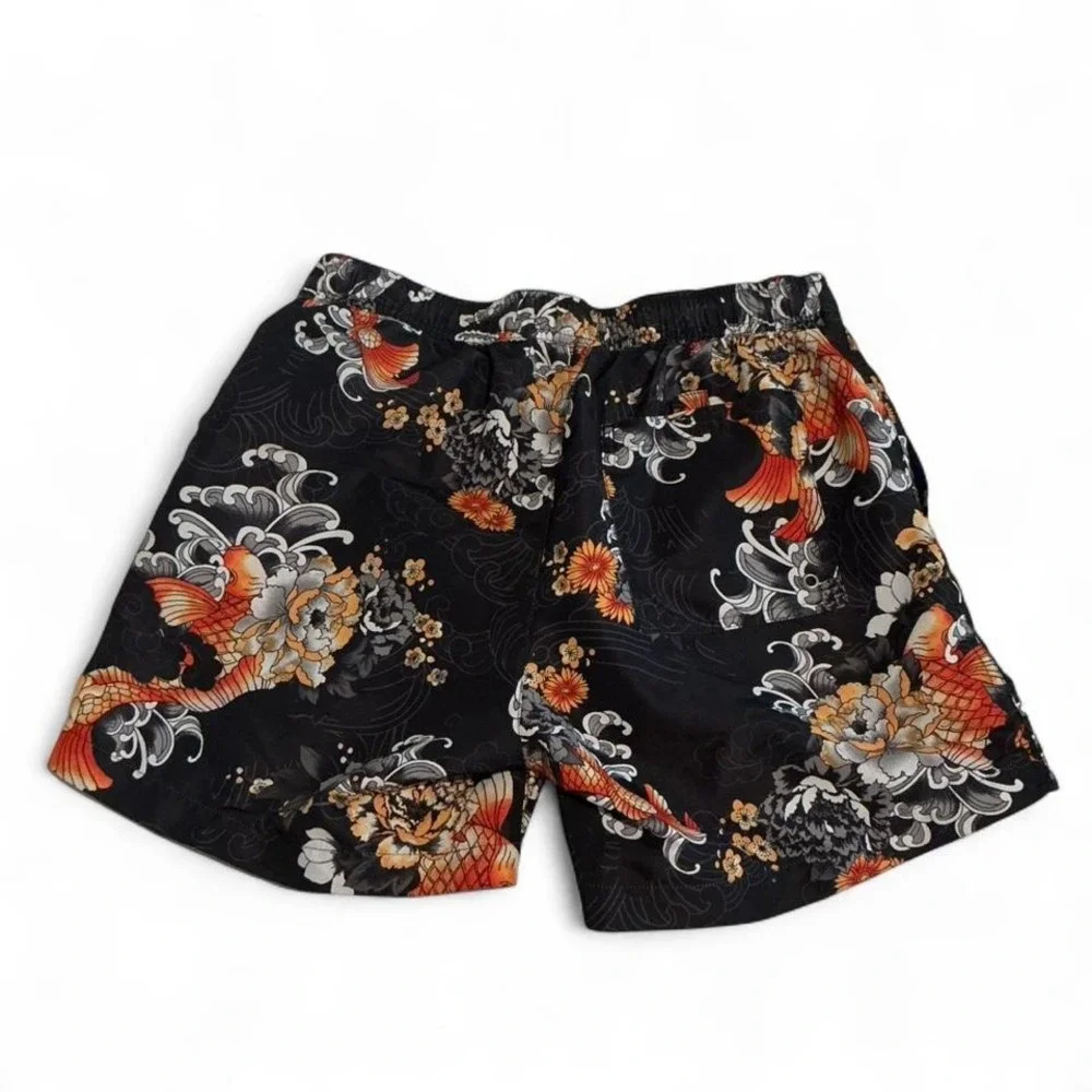 Forever 21 Swim Trunks Mens Small Black Koi‎ Fish Floral Excellent Board Shorts